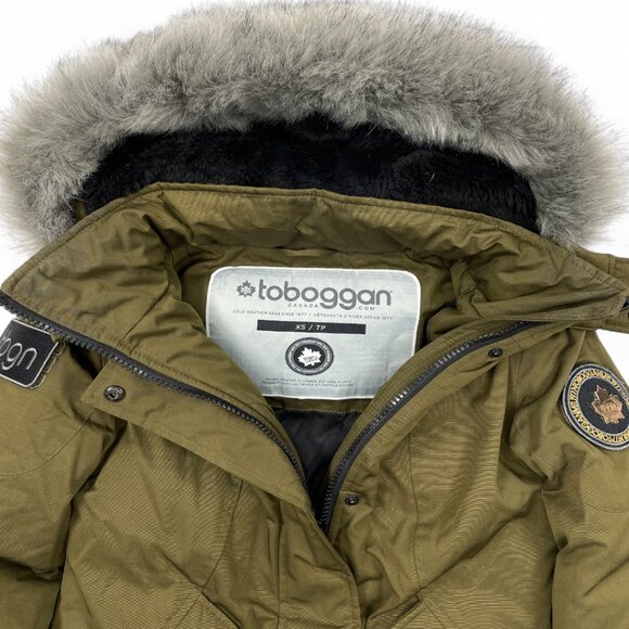 Toboggan Down Olive Green Removable Hood Fur Parka Puffer Coat Jacket Women's XS - Picture 5 of 12
